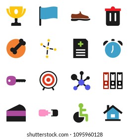 solid vector ixon set - trash bin vector, cake, alarm clock, award cup, molecule, flag, constellation, binder, snickers, target, bone, disabled, anamnesis, connection, key, house