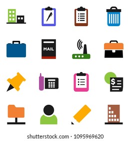 solid vector ixon set - trash bin vector, pencil, clipboard, paper pin, case, phone, receipt, network folder, router, user, mailbox, apartments, building