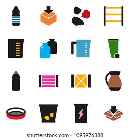 solid vector ixon set - trash bin vector, garbage pile, measuring cup, jug, sieve, jar, enegry drink, water bottle, wood box, package, shelving
