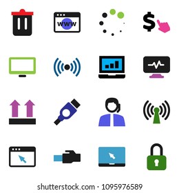 solid vector ixon set - trash bin vector, laptop graph, dollar cursor, support, top sign, monitor, notebook pc, hdmi, diagnostic, browser, lan connector, loading, wireless, lock