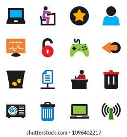 solid vector ixon set - trash bin vector, student, notebook pc, gamepad, favorites, diagnostic monitor, arrow, network document, unlock, user, ari condition, wireless