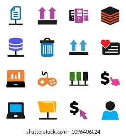 solid vector ixon set - trash bin vector, notebook pc, laptop graph, dollar cursor, heart monitor, top sign, gamepad, server, network folder, big data, document, user