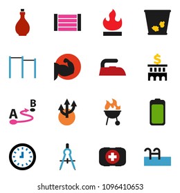 solid vector ixon set - trash bin vector, iron, oil, bbq, drawing compass, bank building, clock, horizontal bar, muscule hand, first aid kit, wood box, flammable, route, battery, arrow, pool