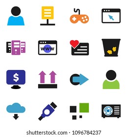 solid vector ixon set - trash bin vector, monitor dollar, heart, top sign, gamepad, hdmi, server, browser, arrow, cloud download, loading, network document, user, ari condition