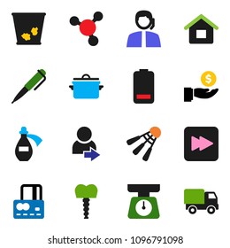 solid vector ixon set - trash bin vector, pan, scales, pen, molecule, credit card, investment, shuttlecock, support, battery, forward button, potion, tooth implant, login, house, delivery