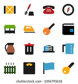 solid vector ixon set - trash bin vector, iron, toilet brush, measuring cup, jug, compass, flag, wallet, scales, wood box, classic phone, office building, key, heating, market, password