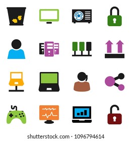 solid vector ixon set - trash bin vector, laptop graph, support, top sign, gamepad, monitor, notebook pc, diagnostic, server, network, share, user, ari condition, lock, unlock