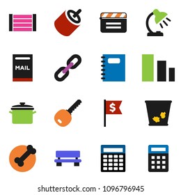 solid vector ixon set - trash bin vector, pan, copybook, table lamp, calculator, dollar flag, bone, wood box, sorting, cinema clap, rca, bench, chain, mailbox, key