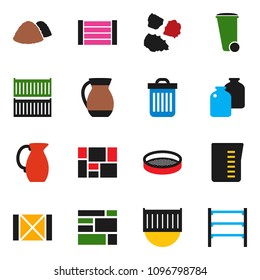 solid vector ixon set - trash bin vector, garbage pile, measuring cup, jug, sieve, jar, sea container, wood box, consolidated cargo, shelving