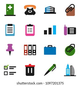 solid vector ixon set - trash bin vector, case, pen, clipboard, exam, binder, phone, sorting, thumbtack, medical room, attachment, office building