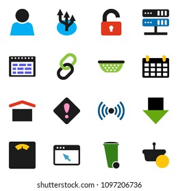 solid vector ixon set - trash bin vector, colander, schedule, arrow down, calendar, scales, dry cargo, link, network server, browser, route, user, attention sign, unlock, wireless, basket