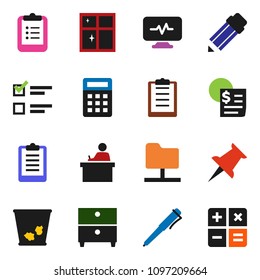 solid vector ixon set - trash bin vector, shining window, pencil, student, pen, clipboard, archive, exam, receipt, thumbtack, diagnostic monitor, network folder, calculator