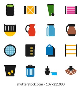 solid vector ixon set - trash bin vector, measuring cup, jug, sieve, jar, sea container, port, wood box, oil barrel, shelving, shopping bag, package