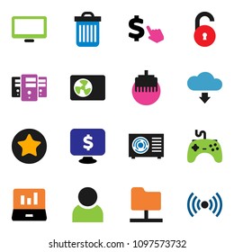 solid vector ixon set - trash bin vector, laptop graph, monitor dollar, cursor, gamepad, favorites, network folder, server, lan connector, cloud download, unlock, user, ari condition, wireless