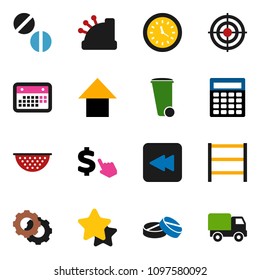 solid vector ixon set - trash bin vector, colander, calculator, arrow up, dollar cursor, target, clock, calendar, shelving, backward button, pills, gear, star, cashbox, delivery