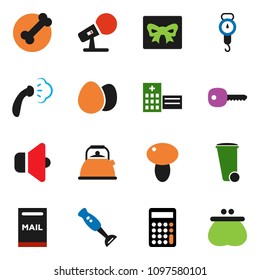 solid vector ixon set - trash bin vector, steaming, kettle, scales, blender, egg, mushroom, calculator, bone, microphone, speaker, hospital building, key, mailbox, gift, wallet