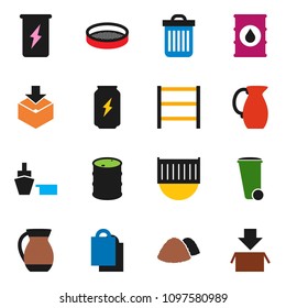 solid vector ixon set - trash bin vector, garbage pile, jug, sieve, enegry drink, sea container, port, package, oil barrel, shelving, shopping bag