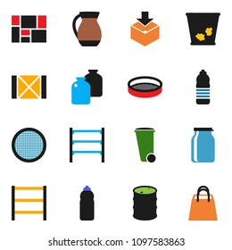 solid vector ixon set - trash bin vector, jug, sieve, jar, water bottle, wood box, consolidated cargo, package, oil barrel, shelving, shopping bag