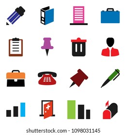 solid vector ixon set - trash bin vector, pencil, case, pen, paper pin, manager, binder, clipboard, sorting, classic phone, thumbtack, medical room, building, mailbox