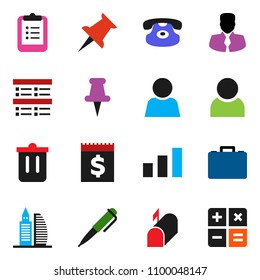 solid vector ixon set - trash bin vector, pen, clipboard, exam, manager, case, receipt, sorting, classic phone, thumbtack, user, office building, mailbox, calculator