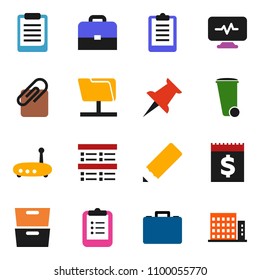 solid vector ixon set - trash bin vector, pencil, case, clipboard, archive, exam, receipt, thumbtack, diagnostic monitor, network folder, router, attachment, apartments