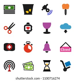 solid vector ixon set - trash bin vector, cook timer, bell, cash, sand clock, heart monitor, first aid kit, money, glass, antenna, satellitie, scissors, tooth implant, cloud download, closed