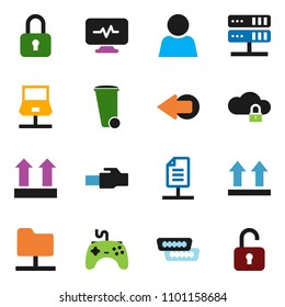 solid vector ixon set - trash bin vector, top sign, gamepad, hdmi, diagnostic monitor, notebook network, folder, server, cloud lock, lan connector, arrow, document, user, unlock
