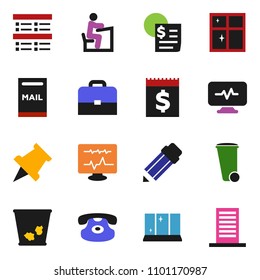 solid vector ixon set - trash bin vector, shining window, pencil, student, case, paper pin, exam, receipt, classic phone, diagnostic monitor, mailbox, building