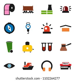 solid vector ixon set - trash bin vector, toilet paper, scales, turk coffee, toaster, compass, Railway carriage, ship, dry cargo, headphones, vial, eye, siren, factory, mall