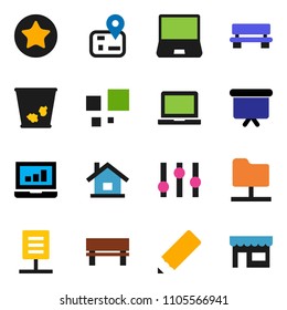 solid vector ixon set - trash bin vector, pencil, notebook pc, laptop graph, presentation board, navigator, settings, favorites, network folder, bench, loading, document, house, store
