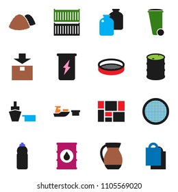 solid vector ixon set - trash bin vector, garbage pile, jug, sieve, jar, enegry drink, water bottle, sea container, port, consolidated cargo, package, oil barrel, shopping bag