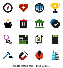 solid vector ixon set - trash bin vector, compass, award cup, magnet, bank, piggy, auction, heart cross, attention, consolidated cargo, protected, oil barrel, stethoscope, globe, estate document