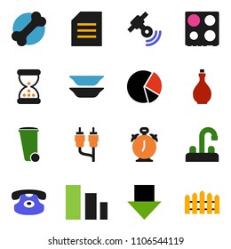 solid vector ixon set - trash bin vector, water tap, oil, oven, plates, alarm clock, document, pie graph, arrow down, bone, sorting, satellitie, classic phone, rca, sand, fence