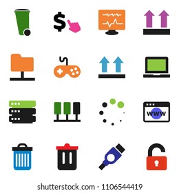 solid vector ixon set - trash bin vector, notebook pc, dollar cursor, top sign, gamepad, hdmi, diagnostic monitor, server, network folder, big data, browser, loading, unlock