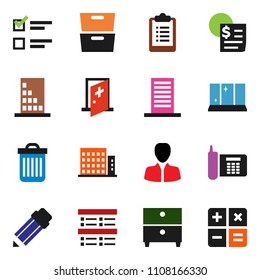 solid vector ixon set - trash bin vector, shining window, pencil, archive, exam, manager, clipboard, phone, receipt, medical room, apartments, building, calculator