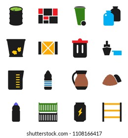 solid vector ixon set - trash bin vector, garbage pile, measuring cup, jug, jar, enegry drink, water bottle, sea container, port, wood box, consolidated cargo, oil barrel, shelving