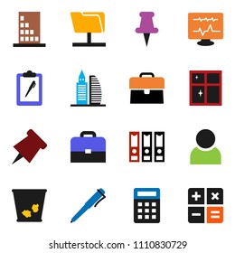 solid vector ixon set - trash bin vector, shining window, case, pen, paper pin, binder, clipboard, thumbtack, diagnostic monitor, network folder, user, office building, calculator