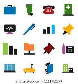 solid vector ixon set - trash bin vector, shining window, case, pen, paper pin, binder, phone, sorting, classic, diagnostic monitor, medical room, network folder, router, apartments