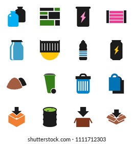 solid vector ixon set - trash bin vector, garbage pile, jar, enegry drink, water bottle, sea container, wood box, consolidated cargo, package, oil barrel, shopping bag