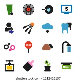 solid vector ixon set - trash bin vector, shower, garbage pile, cook press, cutting board, monitor dollar, shuttlecock, disk, gender sign, insemination, tooth, cloud download, login, stop