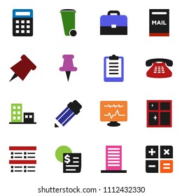 solid vector ixon set - trash bin vector, shining window, pencil, case, paper pin, exam, clipboard, receipt, classic phone, thumbtack, diagnostic monitor, mailbox, apartments, building, calculator