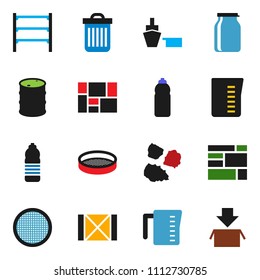 solid vector ixon set - trash bin vector, garbage pile, measuring cup, sieve, jar, water bottle, port, wood box, consolidated cargo, oil barrel, shelving, package