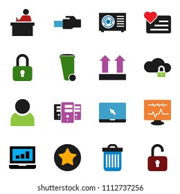 solid vector ixon set - trash bin vector, student, laptop graph, heart monitor, top sign, notebook pc, favorites, diagnostic, cloud lock, server, lan connector, user, ari condition, unlock