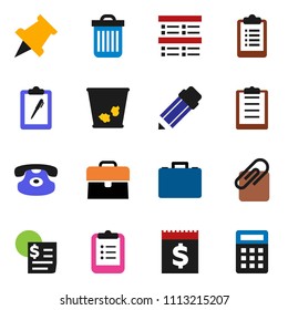 solid vector ixon set - trash bin vector, pencil, clipboard, paper pin, exam, case, receipt, classic phone, attachment, calculator