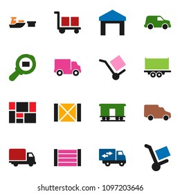 solid vector ixon set - truck trailer vector, delivery, car, port, wood box, consolidated cargo, warehouse, search, Railway carriage, relocation, trolley
