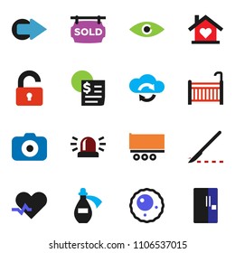 solid vector ixon set - truck trailer vector, receipt, camera, heart pulse, eye, scalpel, potion, ovule, cloud exchange, arrow, siren, sold signboard, unlock, crib, love home, fridge