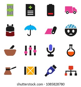solid vector ixon set - turk coffee vector, pasta, backpack, fitness mat, delivery, wood box, umbrella, settings, microphone, battery, hdmi, flask, mortar, anamnesis, head bandage, hierarchy