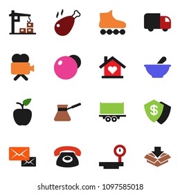 solid vector ixon set - turk coffee vector, chicken leg, apple fruit, fitball, roller Skates, truck trailer, big scales, video camera, mortar, mail, love home, construction crane, phone, delivery