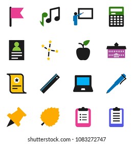 solid vector ixon set - university vector, blackboard, ruler, apple fruit, pen, calculator, notebook pc, clipboard, paper pin, certificate, music, personal information, flag, leaf, constellation