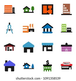 solid vector ixon set - university vector, drawing compass, bank building, home, chalet, barn, plan, apartments, store, mall